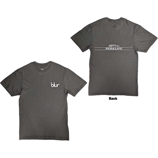 Large black t-shirt with "Blur" pocket print and "Parklife" back graphic.