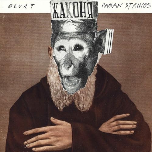 Monkey with a human face and hands, collage style album cover.