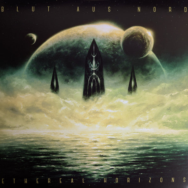 Album cover: dark, surreal landscape with spires and celestial bodies.