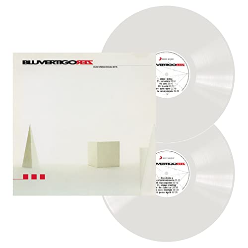 Two white vinyl records with minimalist geometric album art.
