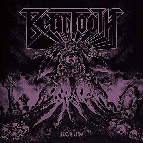 Beartooth Below album cover featuring a skeleton riding a motorcycle in a graveyard.