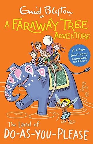 Children ride an elephant with a fairy, book cover illustration.