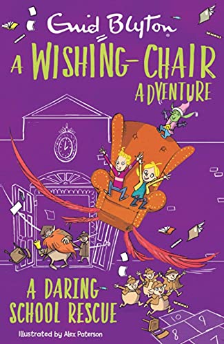 Book cover: children on a flying orange chair, school background.