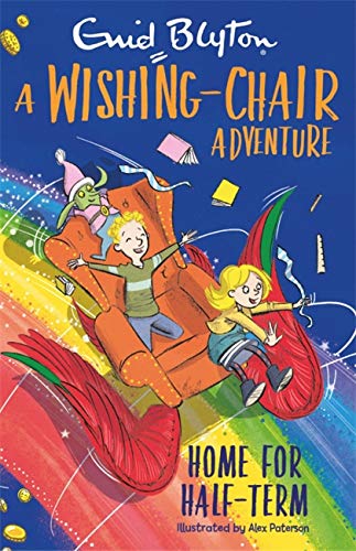 Book cover: children flying on a red wishing-chair with a pixie.