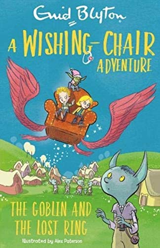 Children fly on a winged chair above goblins and tiny houses.