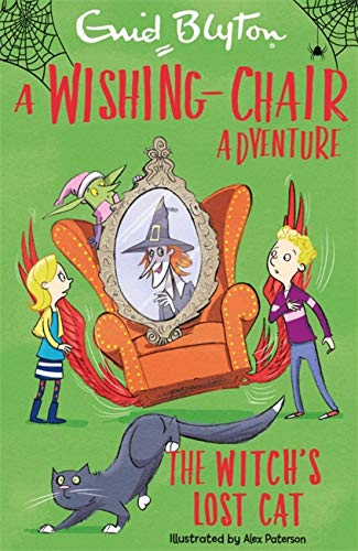 Book cover with children, a witch in a mirror, and a black cat.
