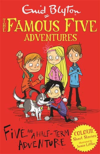 Book cover featuring cartoon children and a dog, red background.