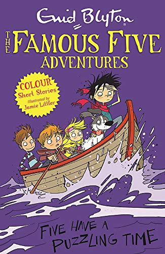 Book cover: "Famous Five" children in a boat with a dog, splashing waves.