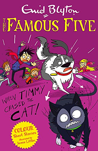 Book cover: children and a dog chase a startled black cat.