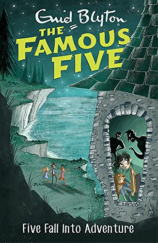 Book cover illustration showing children near a cliff and a stone tower at night.