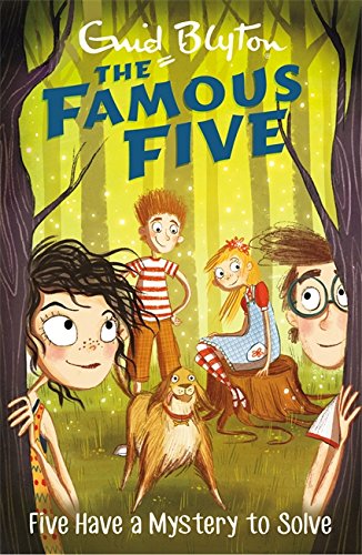 Book cover illustration of four children and a dog in a forest setting.