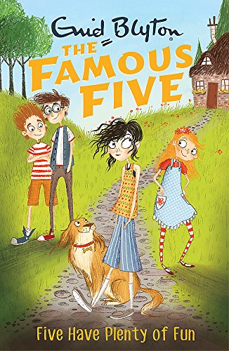 Book cover illustration featuring four children and a dog on a path near cottage.