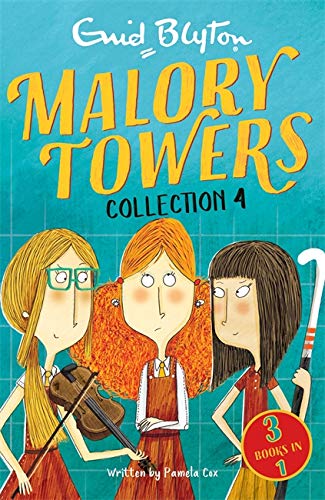 Book cover illustration featuring three schoolgirls with a violin and a hockey stick.