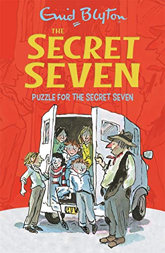 Book cover for "Puzzle For The Secret Seven" with children and a van.