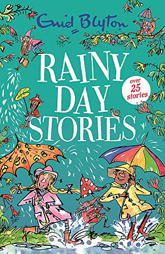 Book cover with children in raincoats and colorful umbrellas.