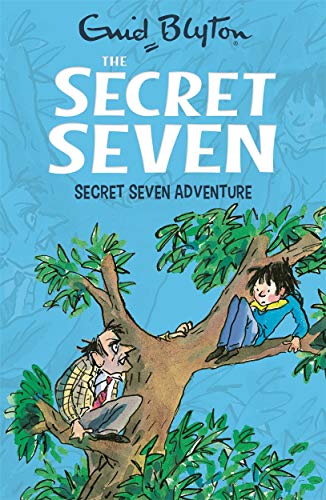 Book cover: children in a tree, adult looking up, blue background.