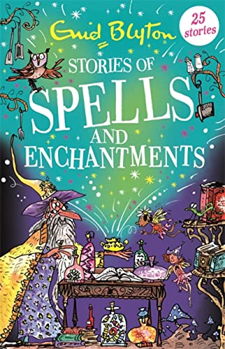 Book cover with illustrated spells, witches, and magical creatures.