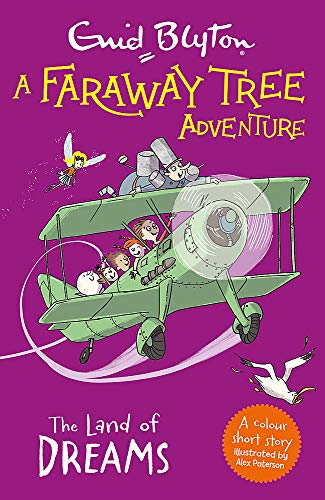 Children in a green biplane fly through a purple sky.