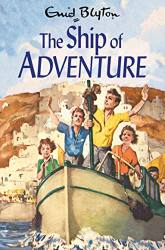 Book cover: children on a boat with a coastal town background.