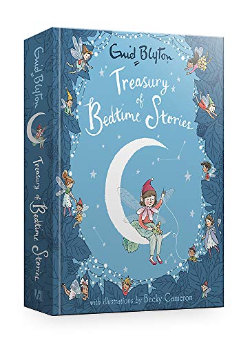 Book cover: “Treasury of Bedtime Stories” with fairies and a crescent moon.