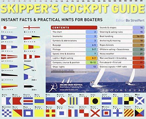 Book cover: “Skipper’s Cockpit Guide” with nautical flags and boating information.
