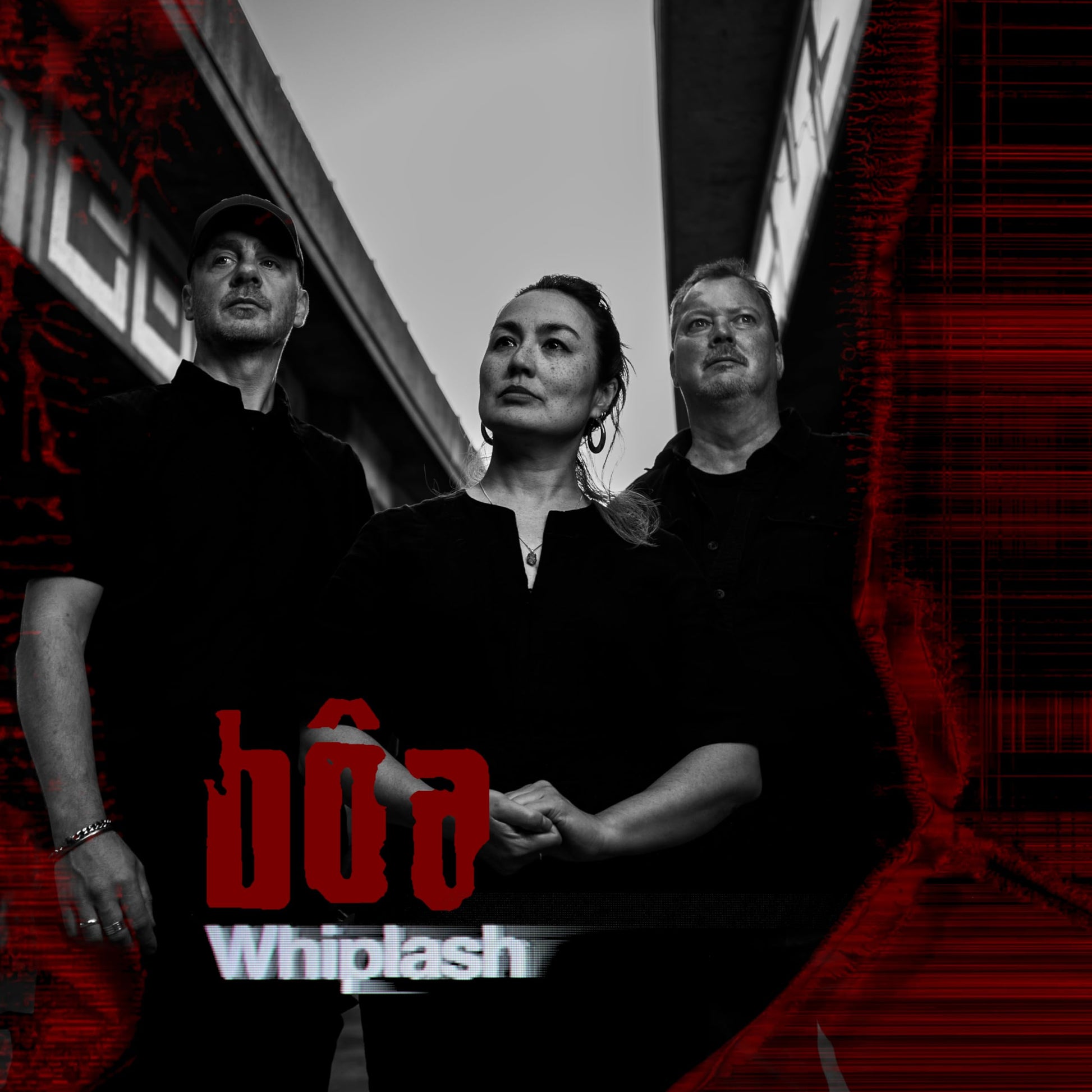 Black and white album cover for Boa’s “Whiplash” featuring three people.