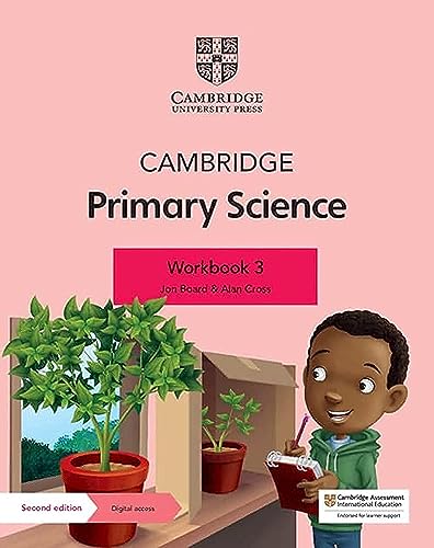 Cambridge Primary Science Workbook 3 cover featuring a boy observing potted plants.