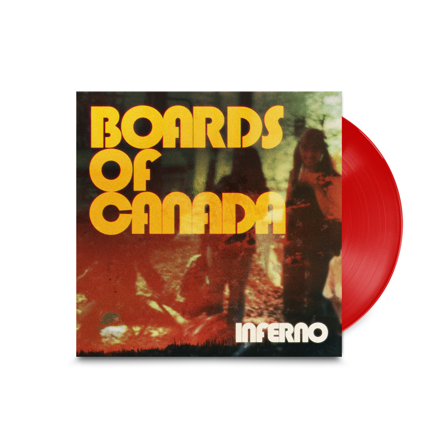 Red vinyl record for Boards of Canada’s “Inferno” with textured cover art.