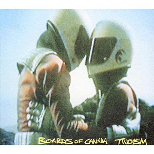 Two figures in vintage motorcycle helmets, album cover for Boards of Canada.