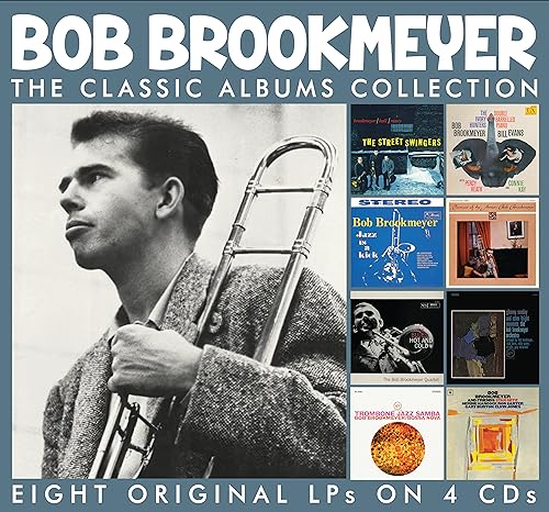 Bob Brookmeyer holding a trombone with small images of eight classic album covers.