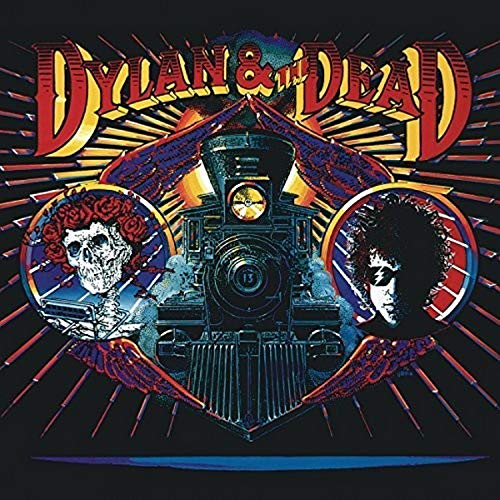 Album cover for “Dylan & The Dead” featuring a train and portraits.