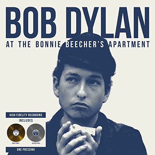 Bob Dylan album cover featuring a halftone portrait and vinyl record images.