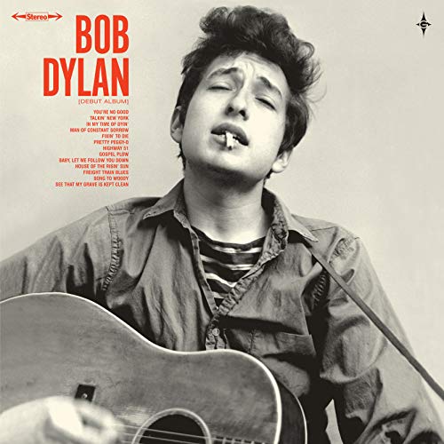 Bob Dylan’s debut album cover: black and white portrait with guitar.