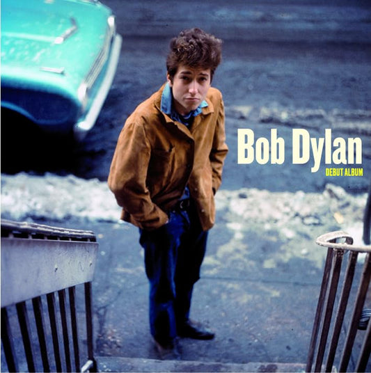 Bob Dylan’s debut album cover: a young man stands near a car.