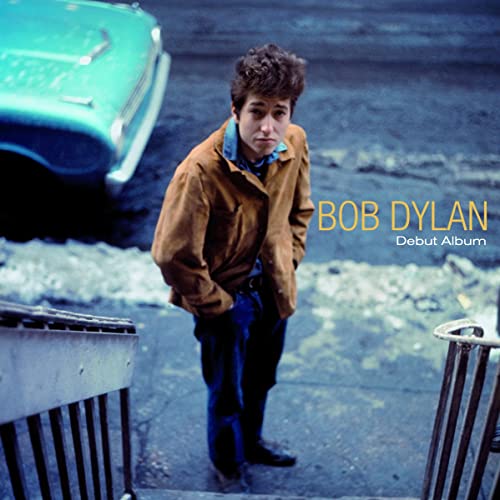 Bob Dylan’s debut album cover featuring him standing near a car.