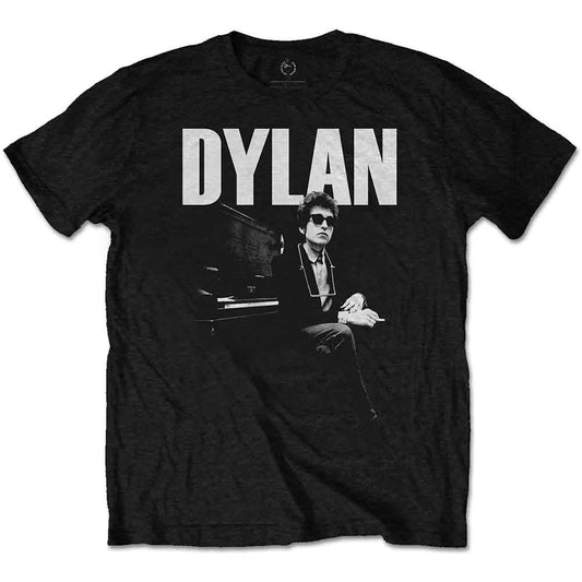 Black t-shirt with a portrait of Bob Dylan playing piano.