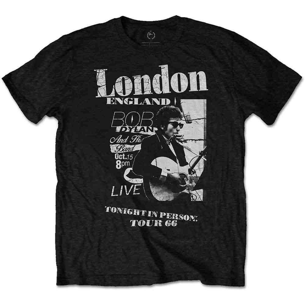 Black Bob Dylan t-shirt with concert poster graphic.