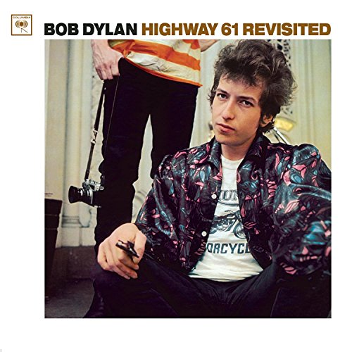 Bob Dylan album cover, "Highway 61 Revisited", showing a young Dylan with a motorcycle.
