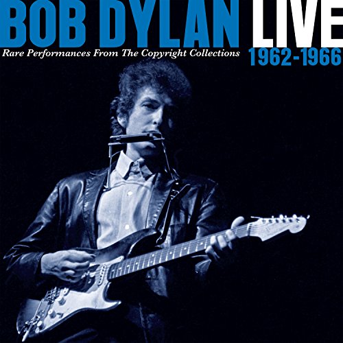 Bob Dylan playing guitar, album cover for "Live 1962-1966" CD.