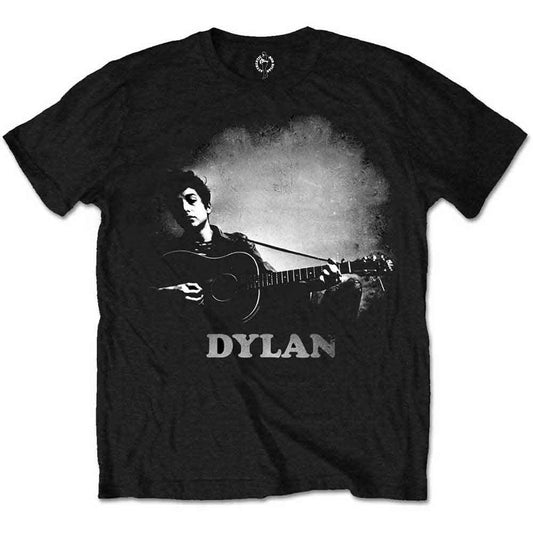 Black t-shirt with a grayscale image of Bob Dylan playing guitar.