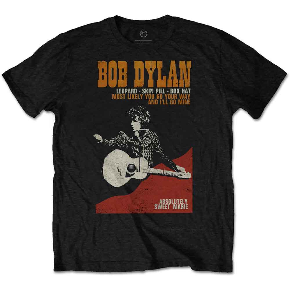 Black Bob Dylan t-shirt with illustrated portrait and song lyrics.
