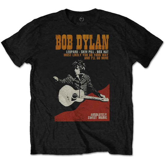 Black Bob Dylan t-shirt with illustrated portrait and song lyrics.
