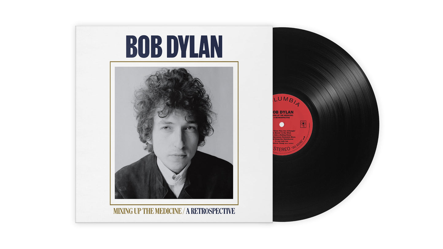 Bob Dylan album cover, "Mixing Up The Medicine," featuring a portrait and vinyl record.