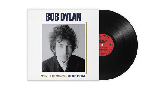 Bob Dylan album cover, "Mixing Up The Medicine," featuring a portrait and vinyl record.