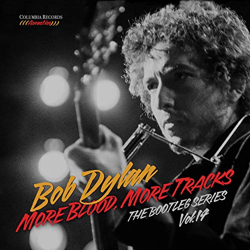 Bob Dylan album cover, black and white photo with red text.