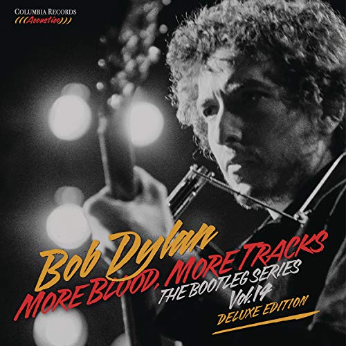 Bob Dylan album cover, black and white photo with red text.