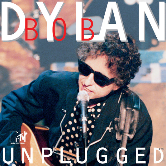 Bob Dylan’s “MTV Unplugged” vinyl cover featuring a portrait of the artist.