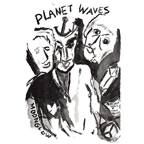 Black and white ink drawing of three faces with peace symbols.
