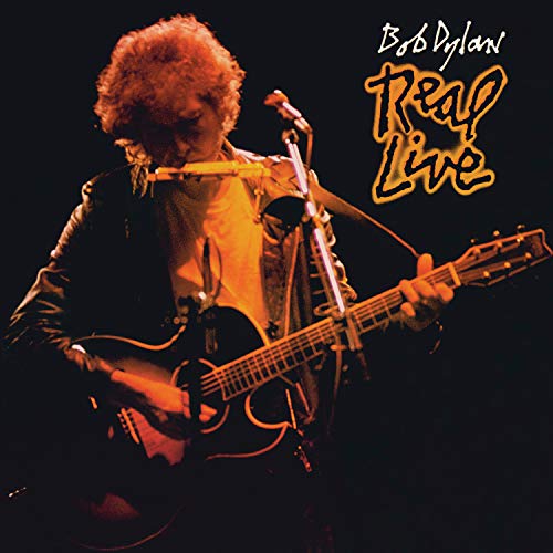 Bob Dylan playing guitar on the album cover for "Real Live.