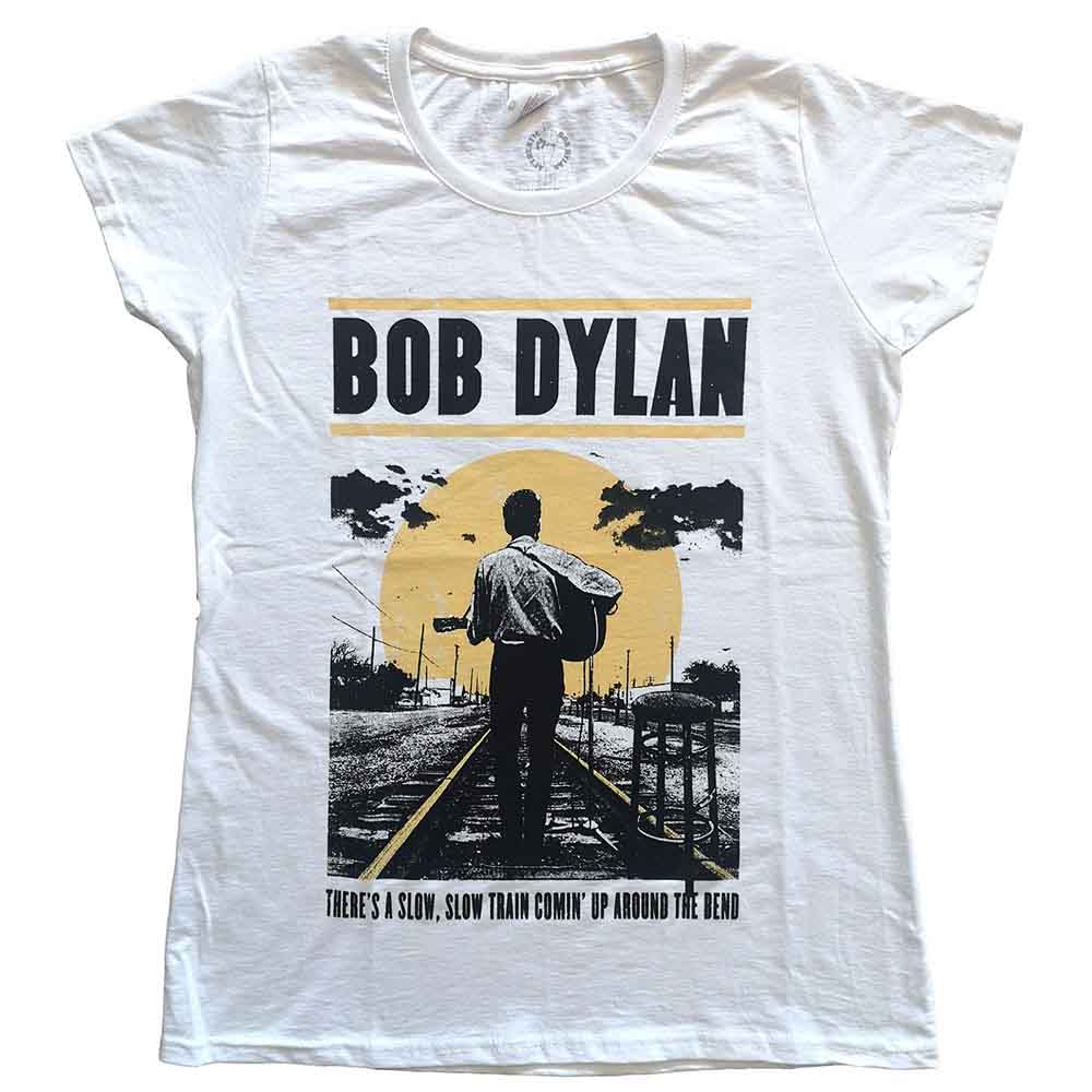 White women's t-shirt with Bob Dylan "Slow Train Coming" album art.